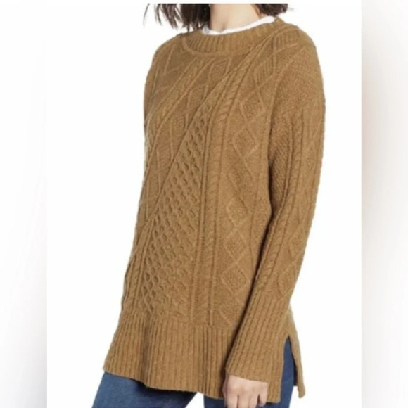 J. Crew Cable-knit patchwork tunic sweater Camel/Tan/Brown Size Small Chunky - Picture 1 of 13